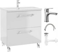 DomoDomo Ensemble d'armoires de salle de bains avec robinetterie de lavabo et siphon 80cm Debout blanc brillant