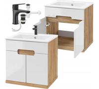 DomoDomo Ensemble d'armoires de salle de bains suspendues 60x50 avec lavabo en céramique & robinetterie noire, Chêne blanc