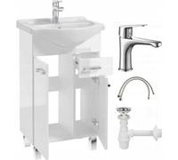 Deftrans Lavabo avec meuble debout, ensemble de meubles de salle de bain, 85 x 50 x 30 cm, blanc brillant, meuble avec lavabo et robinet, idéal pour les petites salles de bains et WC d'invités
