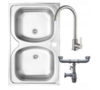 DomoDomo - Évier 2 bacs, évier à poser, double évier, acier 80x50 cm + trou pour mitigeur + robinet + siphon