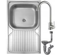 DomoDomo évier à poser 80 × 60 cm avec robinet - trou A | Évier inox à poser sur meuble de 80 cm, avec égouttoir, siphon et trou de robinet prépercé en position A