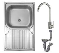 DomoDomo évier à poser 80 × 60 cm avec robinet - trou B | Évier inox à poser sur meuble de 80 cm, avec égouttoir, siphon et trou de robinet prépercé en position B