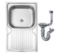 DomoDomo - Évier de cuisine 80x50 cm à poser avec égouttoir - cuve unique en acier inoxydable satiné - siphon inclus, idéal pour plan de travail