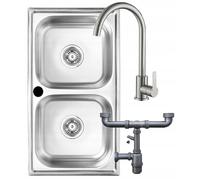 DomoDomo Évier de cuisine en acier inoxydable 78 x 43 cm - Évier encastrable en acier inoxydable - 2 bacs - Évier avec kit de robinetterie - Siphon de cuisine avec raccord pour appareil