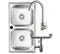 DomoDomo Évier de cuisine en acier inoxydable 78 x 43 cm - Évier encastrable en acier inoxydable - 2 bacs - Évier avec kit de robinetterie - Siphon de cuisine avec raccord pour appareil