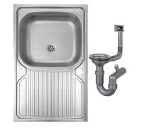 DomoDomo - Évier de cuisine en acier inoxydable 80 x 50 cm - 1 bac avec égouttoir, évier avec trou pour robinet, siphon, évier pour meuble bas de 80 cm