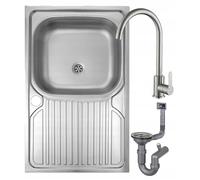 DomoDomo - évier de cuisine inox 1 bac 80x50 cm avec égouttoir - évier à poser satiné avec robinet mitigeur - évier inox complet avec siphon