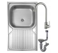 DomoDomo - Évier de cuisine inox 80x50 cm avec égouttoir - Évier encastrable avec mitigeur & siphon - évier de cuisine 1 bac, évier à poser