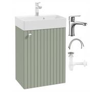 DomoDomo Lavabo avec meuble bas de 50 cm suspendu - Meuble de salle de bain vert eucalyptus avec lavabo - Ensemble de salle de bain compact avec robinet - WC d'invités avec meuble bas moderne
