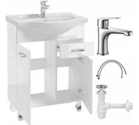 DomoDomo Lavabo avec meuble suspendu - set de salle de bain 85x55x30 cm, blanc brillant, meuble bas sous le lavabo avec mitigeur