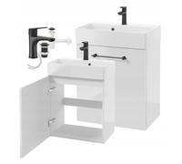 DomoDomo Meuble de lavabo à suspendre 60 x 50 cm blanc brillant avec lavabo et robinetterie - Armoire de salle de bain montée, profondeur 30 cm, fermeture amortie, kit complet avec syphon et clic-clac