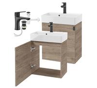 DomoDomo Meuble de lavabo suspendu 60 x 50 cm avec lavabo et robinetterie - Armoire de salle de bain montée, décor chêne Rockford, 30 cm de profondeur, fermeture amortie, kit complet avec syphon et