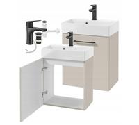 DomoDomo - Meuble de lavabo suspendu 60 x 50 cm avec lavabo et robinetterie - Armoire de salle de bain montée, cachemire mat, 30 cm de profondeur, fermeture amortie, kit avec syphon et clic clac
