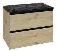 DomoDomo - Meuble de lavabo suspendu de 60 cm avec 2 tiroirs et fermeture amortie - Meuble de salle de bain pour lavabo à poser en chêne Artisan avec plateau noir aspect béton - Meuble bas de salle de