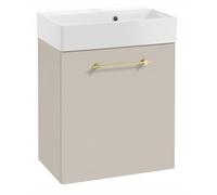 DomoDomo Meuble de lavabo suspendu de 60 cm de large, en cachemire mat, avec lavabo, porte à fermeture douce, poignée dorée, style glamour