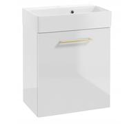 DomoDomo - Meuble de lavabo suspendu de 60 cm de large - Meuble bas de salle de bain blanc brillant - Avec lavabo - Porte à fermeture douce et poignée dorée - Style glamour