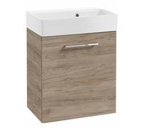 DomoDomo Meuble de lavabo suspendu de 60 cm de large - Meuble bas de salle de bain en chêne Rockford - Meuble de salle de bain avec lavabo - Porte à fermeture douce et poignée chromée