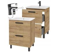DomoDomo - Meuble sous lavabo de 60 cm avec lavabo et tiroirs - Ensemble de meubles de salle de bain debout ou à suspendre, meuble bas de salle de bain, aspect bois chêne doré, avec robinetterie