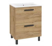 DomoDomo - Meuble sous lavabo de 60 cm en chêne avec lavabo en céramique - Ensemble de meubles de salle de bain avec 2 tiroirs Soft Close - Meuble de lavabo à poser ou à suspendre au mur - Meuble de
