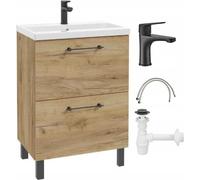 DomoDomo Meuble sous-vasque 60x80 cm avec vasque - Meuble sous-vasque de salle de bains Chêne Craft, vertical avec 2 tiroirs Soft-Close, meuble de salle de bains avec robinetterie de lavabo