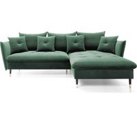 DomoHome Canapé d'angle GLAM avec fonction sommeil, Autoportant, Ottomane et Pieds dorés - Canapé en velours style glamour pour votre salon, avec coussins décoratifs, 258x167x91cm, Côté droit VERT