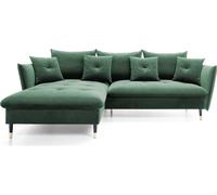 DomoHome Canapé d'angle GLAM avec fonction sommeil, Autoportant, Ottomane et Pieds dorés - Canapé en velours style glamour pour votre salon, avec coussins décoratifs, 258x167x91cm, Côté gauche VERT