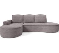 DomoHome Canapé d'angle MOLLY avec fonction sommeil - Design semi-circulaire Autoportant Couchage 140x207cm, 3 Grands coussins de dossier Abriamo Tissu d'ameublement 277x157x88cm,Côté gauche Gris Soie