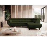 DomoHome CANAPE RAVEN L avec fonction sommeil et coffre de lit, Autoportant, Canapé rembourré avec appuie-tête réglables, 257x198x96 cm, Côté droit, Couleur : Vert foncé