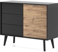 DomoHome Commode Buffet WILLOW 104 cm Chêne noir Artisan - 3 tiroirs, Push-to-Open, style loft, design loft avec façade striée et pieds en bois massif pour le salon