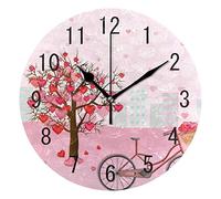 Domoko Home Decor de Saint-Valentin Cœur Arbre Vélo Amour Rond Acrylique Horloge Murale Non tic-tac Horloge silencieuse Art pour Le Salon Cuisine Chambre à Coucher