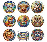 DOMROM Lot de 8 sous-verres de peinture diamant avec support, dessous-de-verre pour adultes débutants 5D à faire soi-même, kits de peinture diamant coloré, fournitures d'artisanat