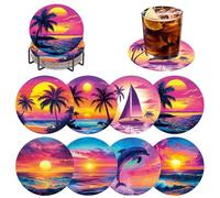 DOMROM Lot de 8 sous-verres de peinture diamant avec support, dessous-de-verre pour adultes débutants 5D à faire soi-même, coucher de soleil, mer, été, kit de peinture diamant