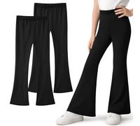 Domueay Leggings Flare pour Fille, Lot de 2, Coton Respirant Elastique Bootcut Legging,Couleur Unies Décontracté Doux Danse Sport Pantalon évasé Enfant Vêtements âge 13-14 Ans, Noir