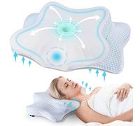 DONAMA Oreiller Ergonomique Cervical pour Les Dormeurs sur Le Côté, Le Dos Et Le Ventre, Oreiller Memoire Forme pour Le Cou et Les Épaules, avec Taie d'oreiller, 63x38x9/14cm, Blanc Bleu