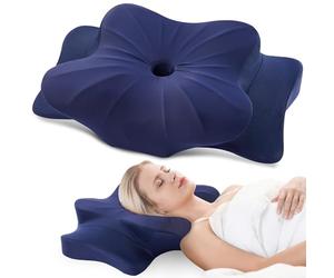 DONAMA Oreiller Ergonomique Cervical pour Les Dormeurs sur Le Côté, Le Dos Et Le Ventre, Oreiller Memoire Forme pour Le Cou et Les Épaules, avec Taie d'oreiller, 70x42x11/14cm, Bleu Foncé