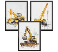 Donari Lot de 3 posters A4 - Pour chambre d'enfant - Véhicules de chantier avec pelleteuse, chargeuse sur roues et grue - Décoration murale pour chambre à coucher et salle de jeux