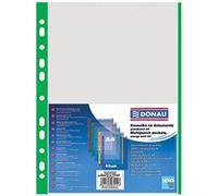 DONAU 1774100PL-06 Lot de 100 pochettes perforées grainées avec bord vert en haut transparent perforé pour documents, papiers, dossiers, classeurs, format A4, transparent, 40 microns, 40 microns,