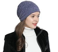DonDon Bonnet Femme Hiver Slouch Beanie doublé avec étoiles et Strass - Bleu