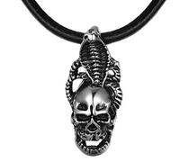 DonDon Collier Homme Cuir 50 cm Pendentif Tête de Mort Crâne Cobra Acier Inoxydable dans Petit Sac à Bijou