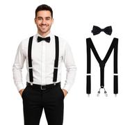 DonDon Ensemble élégant de bretelles homme larges 3,5 cm et nœud papillon fait main - Accessoire élégant pour mariage, fête, dîner veston, smoking - Noir