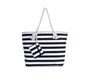 DonDon Sac de Plage Gros avec Fermeture à glissière 58 x 38 x 18 cm Style marinière à Rayures Noires et Blanches Beach Bag