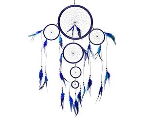 DonDon Taille XXL Attrape-rêves Dreamcatcher avec Perles et Vraies Plumes Bleu - Ø 28 cm