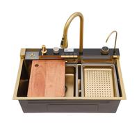 Donened - Évier de cuisine cascade avec robinet extensible, évier de cuisine avec affichage numérique, multifonction, de luxe, doré, 76 x 46 x 22 cm
