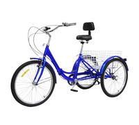 Donened Tricycle pliable de 24 ", avec panier et garde-boue, 7 vitesses, 3 roues, pour adultes et personnes âgées, avec dossier (bleu)