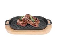 DONFAMDS Plat de Steak Rectangulaire en Fer Plateau en Bois, Plaque de Cuisson Barbecue Noir pour Cuisiner en Famille Fête, Protège Table et Conserve la Chaleur
