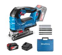 Dong Cheng Scie Sauteuse Sans Fil 18V Sans Balais, Scie Sabre Pendulaire 800-3500 cpm - 6 Vitesses - Coupe Biseau 0-45° - Double LED & Souffleur - Avec Batterie 4Ah, 6 Lames, Chargeur et Caisse Pro