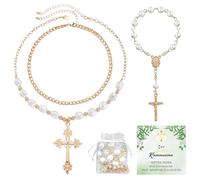 Dongcill Chapelet Catholique,Collier Chapelet Catholique avec Mini Doigt Chapelets Perles Artificielles,Communion Carte Allemand,Sac,Comunion Communion,pour Baptême Communion Mariage Fête (or)