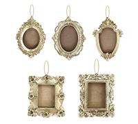 DONGKER Lot de 5 Mini Cadres Photo Vintage en Résine Dorée,Style Baroque,avec Crochets et Corde,pour Décoration de Mariage,Maison,Bureau,Hôtel