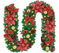 DONGQI Guirlande Sapin Noel Artificiel, 270 cm Couronnes et Guirlandes de Noël avec LED Fleur Rouge et Boule Rouge, Décoration Guirlandes de Noël pour Chambre Porte Mur Fenêtre Escalier Cheminée