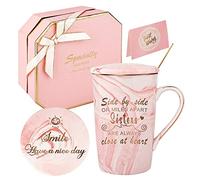 DONGSHANGIFT Mug Cadeaux pour les sœurs Cadeaux d'anniversaire pour les soeurs Mug à café -Side by Side or Miles Apart Sisters are Always Close at Heart-Ensemble de cadeaux 420ML Rose